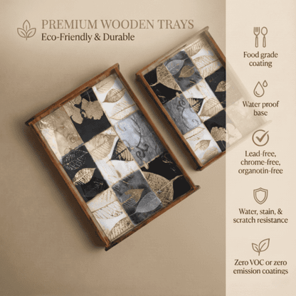 Elegant Checkers Wooden Serving Tray, Set of 2, Premium Teak Wood