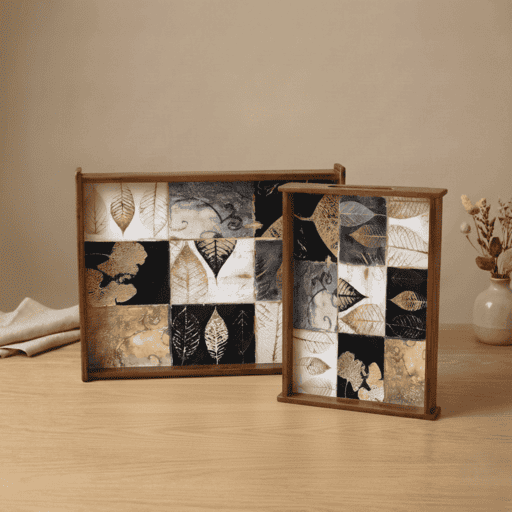 Elegant Checkers Wooden Serving Tray, Set of 2, Premium Teak Wood