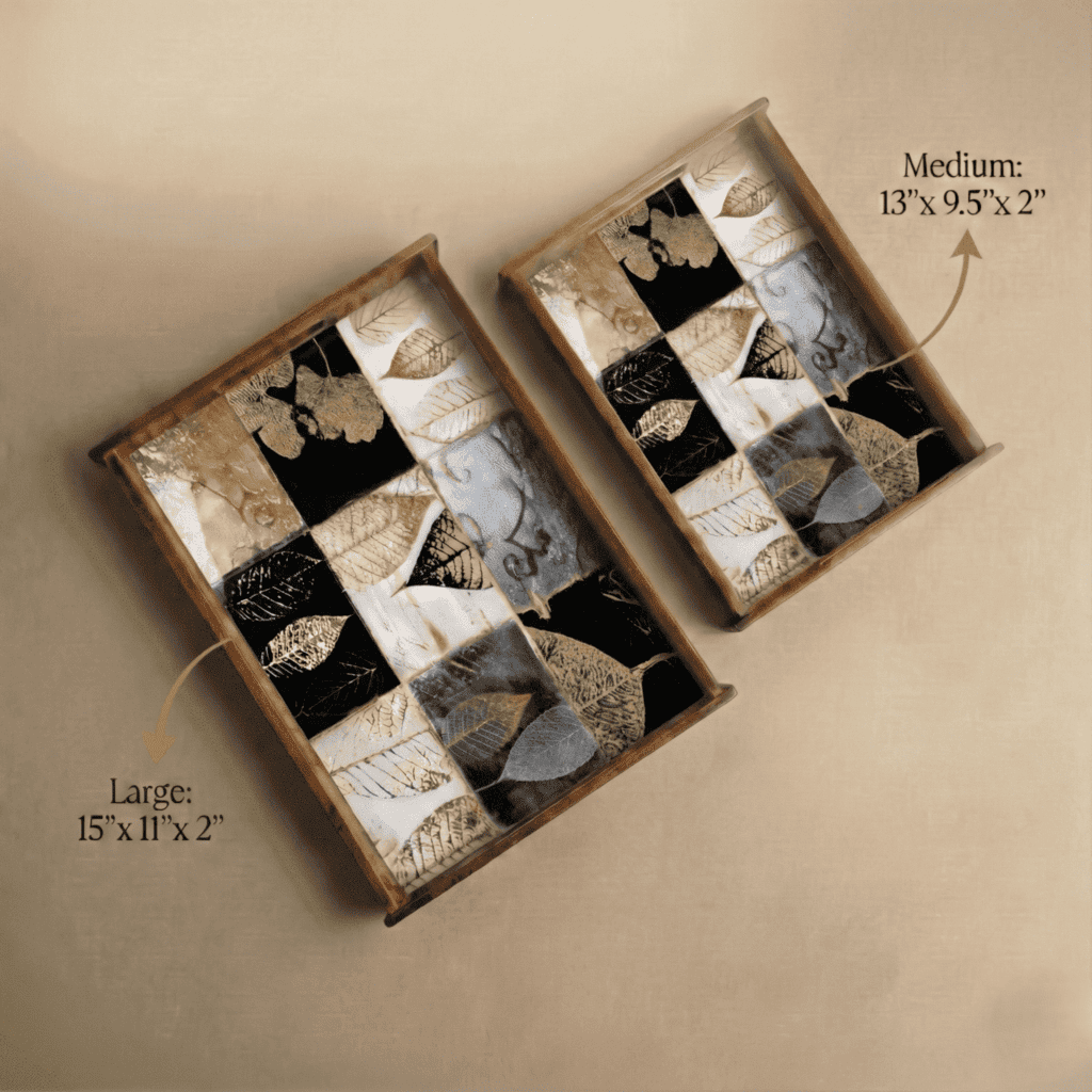 Elegant Checkers Wooden Serving Tray, Set of 2, Premium Teak Wood