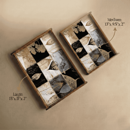 Elegant Checkers Wooden Serving Tray, Set of 2, Premium Teak Wood