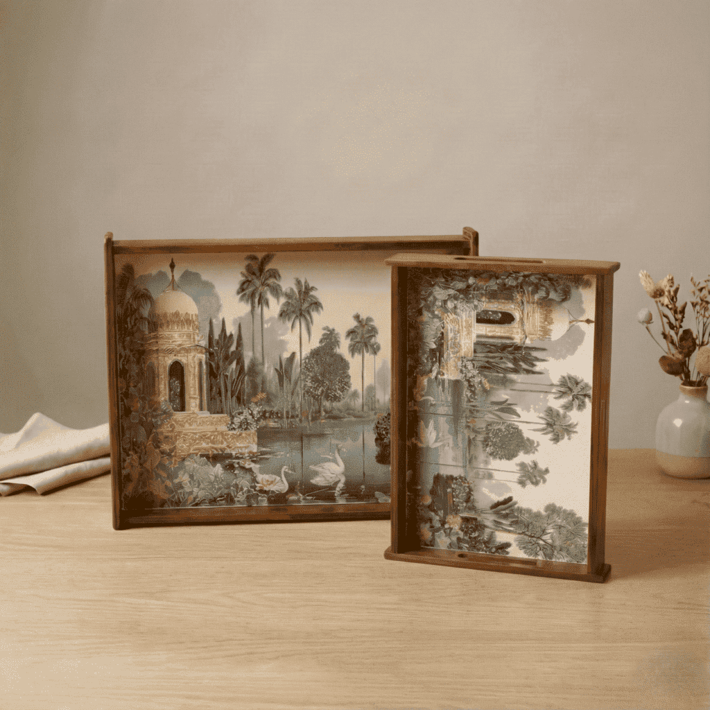 Tropical Serenity Wooden Serving Tray, Set of 2, Premium Teak Wood