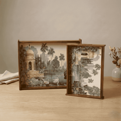 Tropical Serenity Wooden Serving Tray, Set of 2, Premium Teak Wood