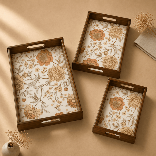 Golden Whisper Wooden Serving Tray, Set of 3, Premium Teak Wood