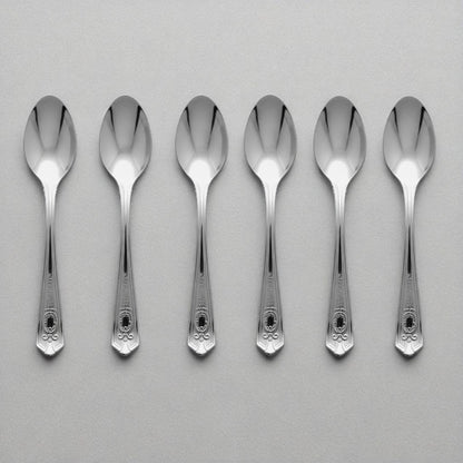 Set of 6 Kishco stainless steel baby spoons from the Festival collection, featuring ornate English handle detailing