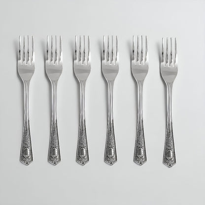 Set of 6 Kishco stainless steel dinner forks from the Festival collection, featuring ornate English handle detailing.