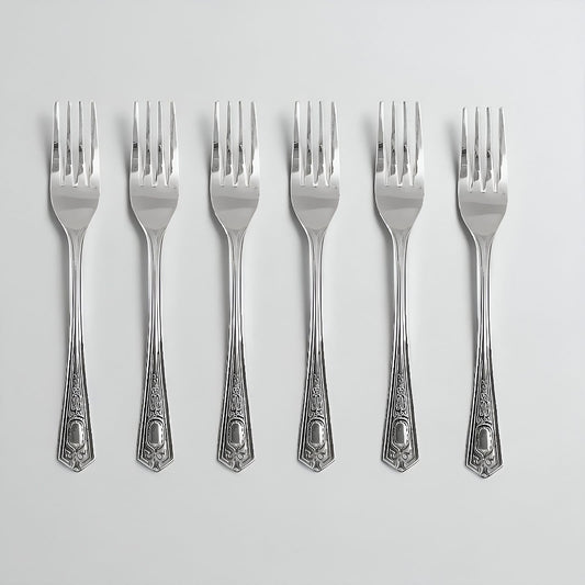 Set of 6 Kishco stainless steel dinner forks from the Festival collection, featuring ornate English handle detailing.