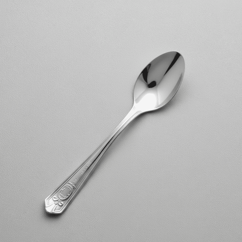 Set of 6 Kishco stainless steel dinner spoons from the Festival collection, featuring ornate English handle