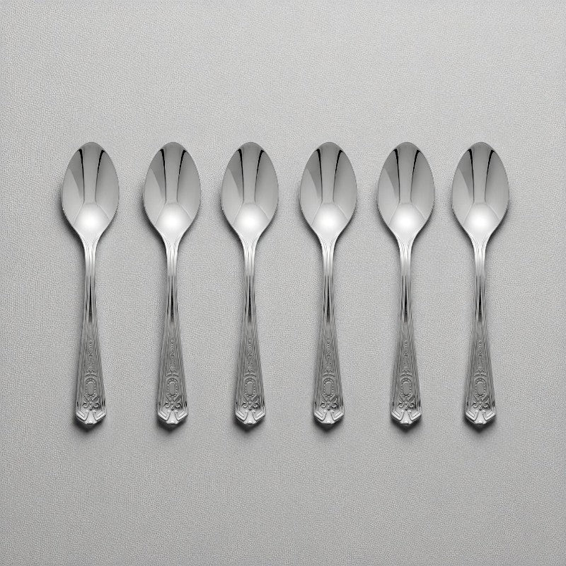 Set of 6 Kishco stainless steel teaspoons from the Festival collection, featuring ornate English handle detailing.