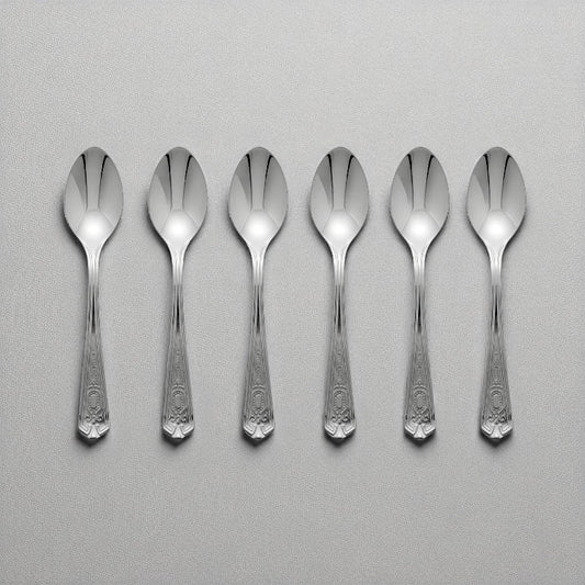 Set of 6 Kishco stainless steel teaspoons from the Festival collection, featuring ornate English handle detailing.