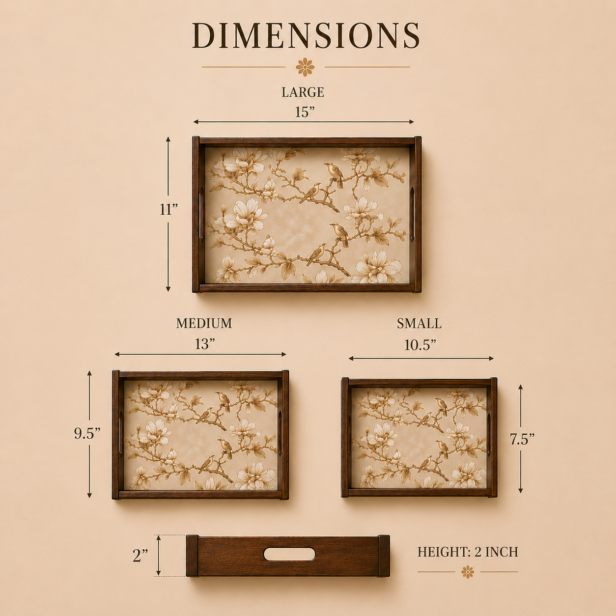 Magnolia Perch Wooden Serving Tray, Set of 3, Premium Teak Wood