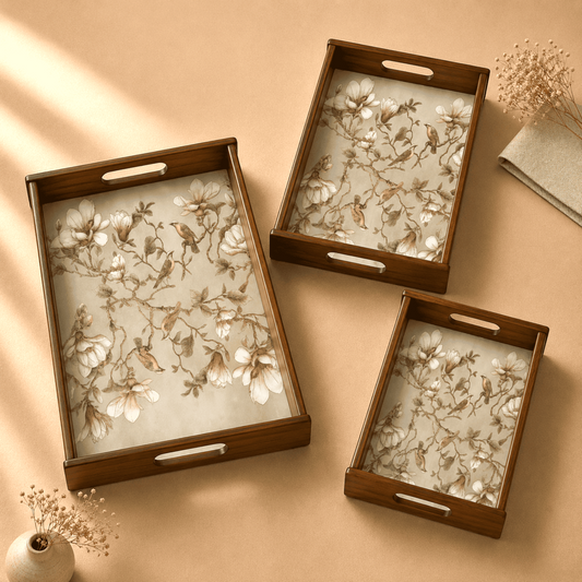 Magnolia Perch Wooden Serving Tray, Set of 3, Premium Teak Wood