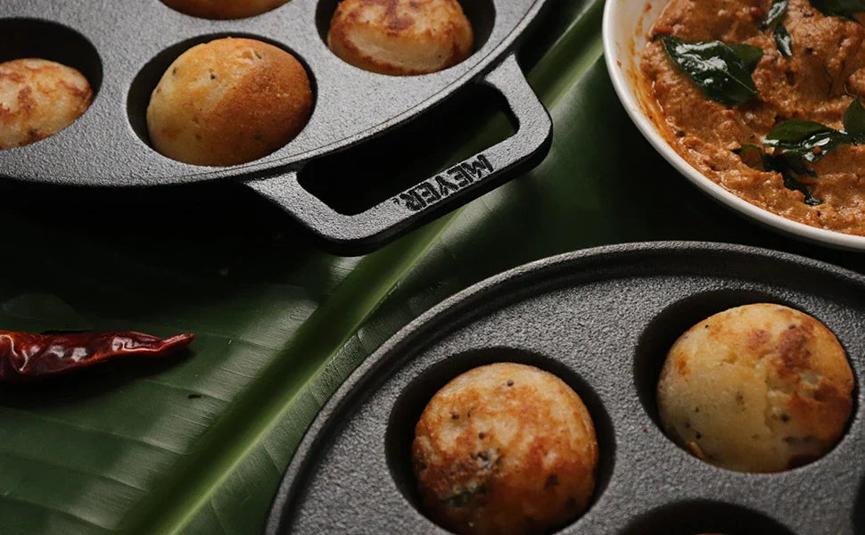 Meyer cast iron appam pan close up of appam made live