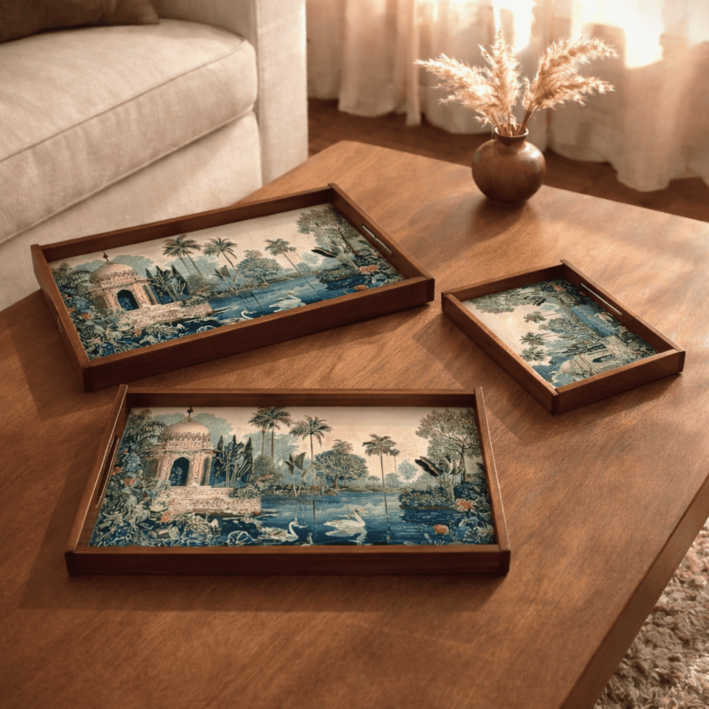 Tropical Serenity Wooden Serving Tray, Set of 3, Premium Teak Wood