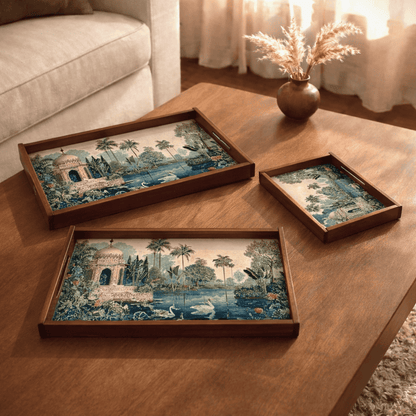 Tropical Serenity Wooden Serving Tray, Set of 3, Premium Teak Wood