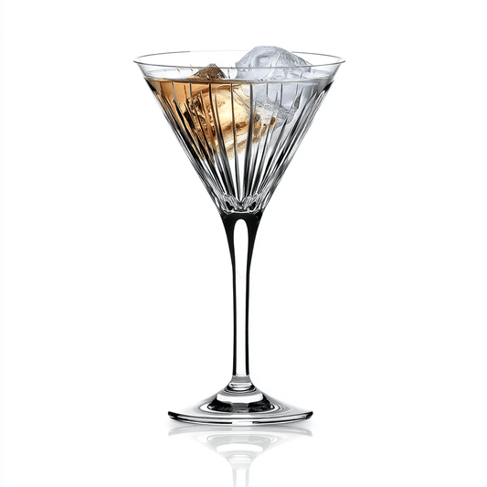 Single RCR Timeless cocktail martini glass on a white background with a cocktail martini in the glass