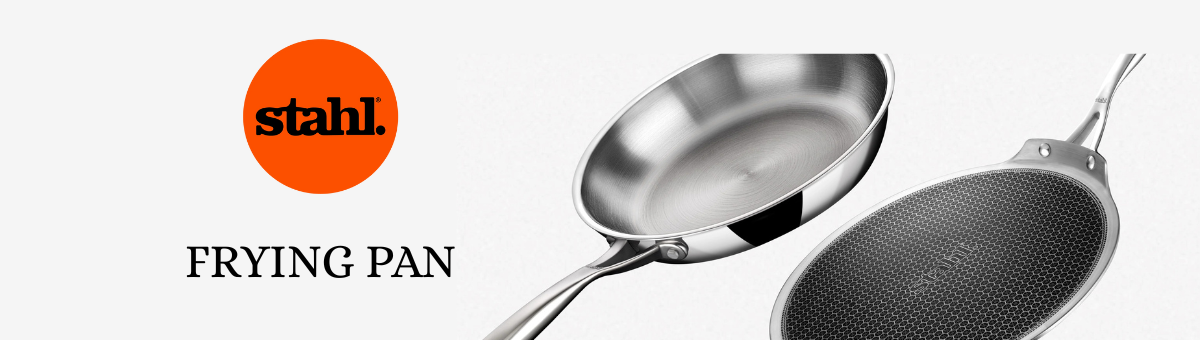 Stahl frying pans in various sizes arranged stylishly – banner image showcasing premium stainless steel cookware from the Stahl Frying Pan collection on CarryHome.
