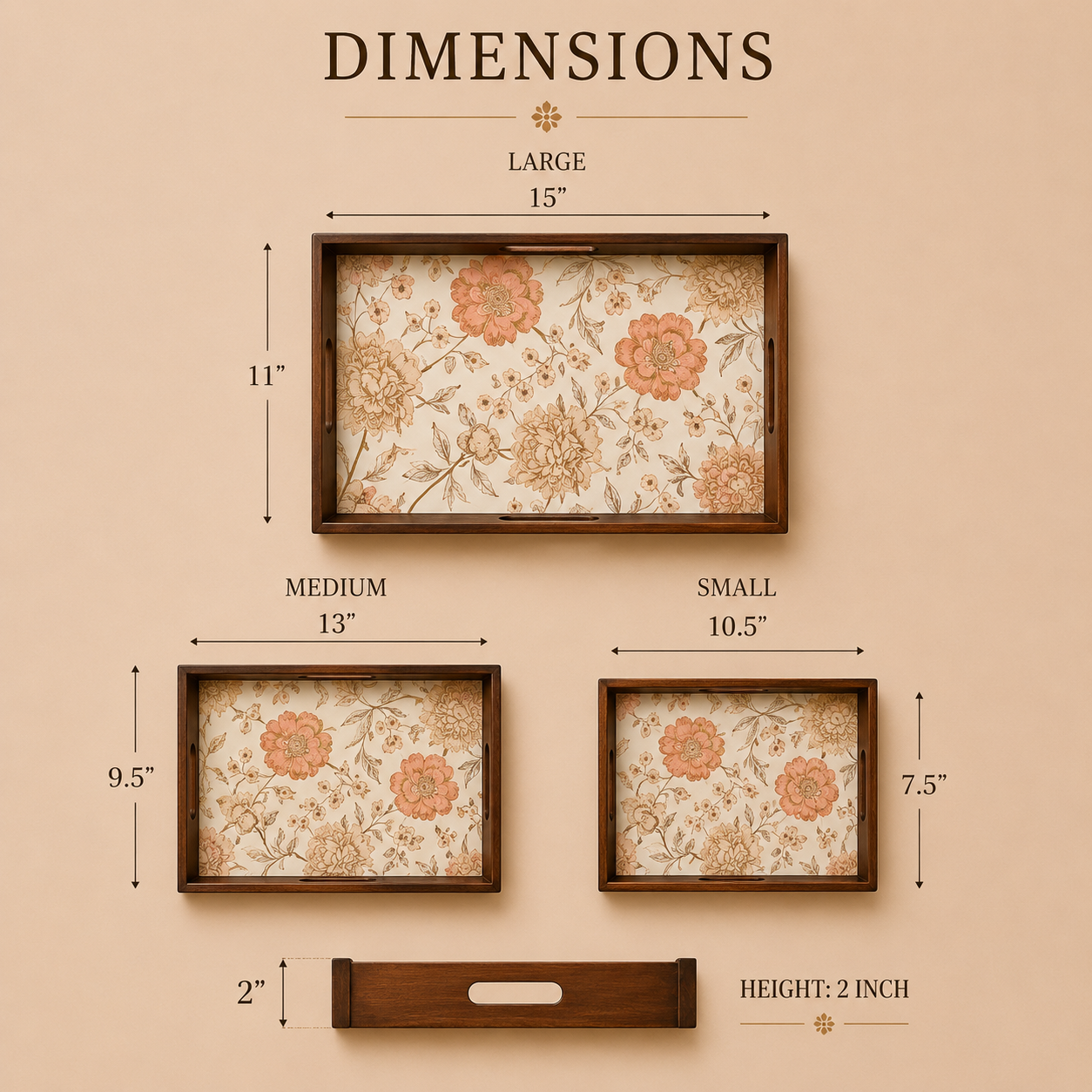 Golden Whisper Wooden Serving Tray, Set of 3, Premium Teak Wood