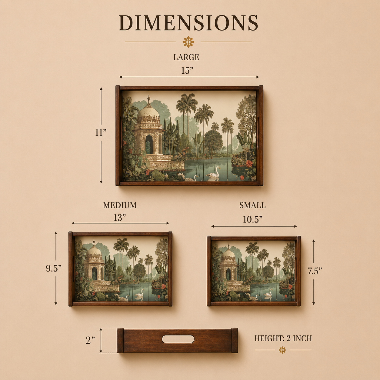 Tropical Serenity Wooden Serving Tray, Set of 3, Premium Teak Wood
