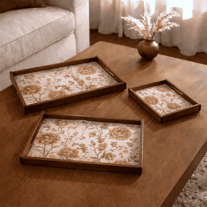 Golden Whisper Wooden Serving Tray, Set of 3, Premium Teak Wood
