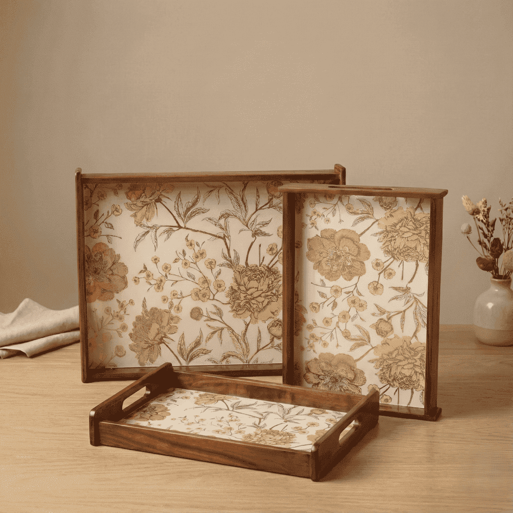 Golden whisper wooden serving tray teak wood set of 3 featuring floral designs for elegant table settings