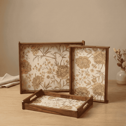 Golden whisper wooden serving tray teak wood set of 3 featuring floral designs for elegant table settings