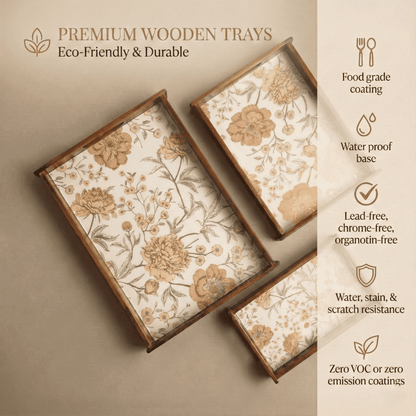 Golden whisper wooden serving tray teak wood set of 3 with floral design and waterproof base