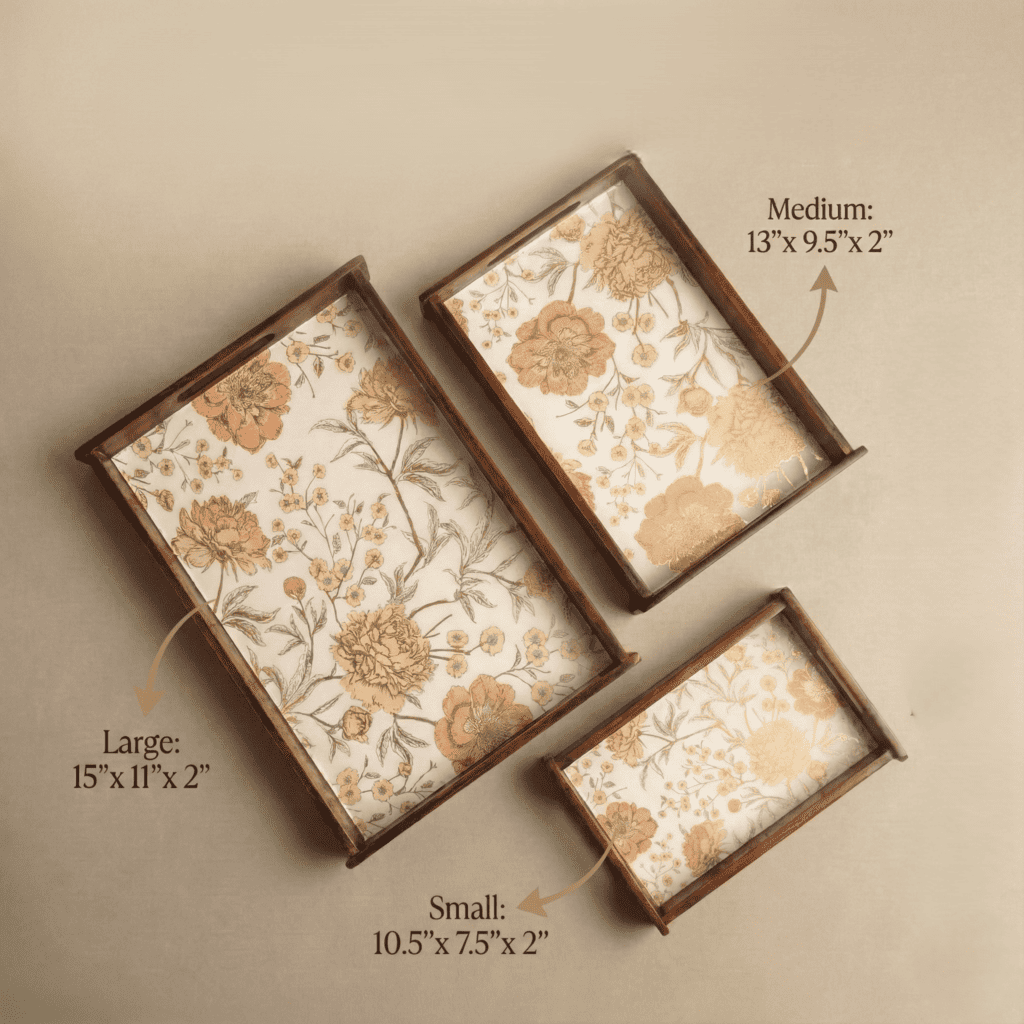 Golden whisper wooden serving tray teak wood set of 3 in various sizes with floral design