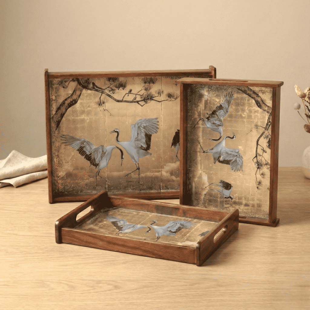 Teakwood serving tray Majestic Heron set of 3 with elegant crane designs for stylish entertaining