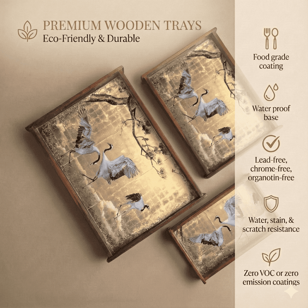 Teakwood serving tray Majestic Heron set of 3 with waterproof base and eco-friendly finish