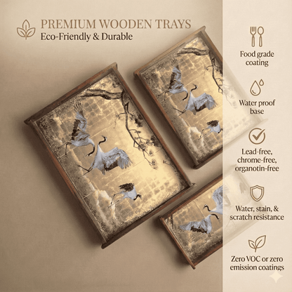 Teakwood serving tray Majestic Heron set of 3 with waterproof base and eco-friendly finish