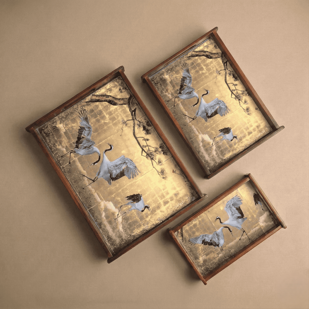 Teakwood serving tray Majestic Heron set of 3 with elegant bird designs for stylish serving