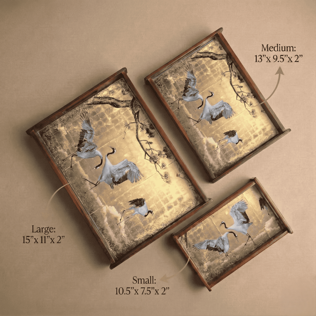 Teakwood serving tray Majestic Heron set of 3 in large, medium, and small sizes, featuring elegant heron design