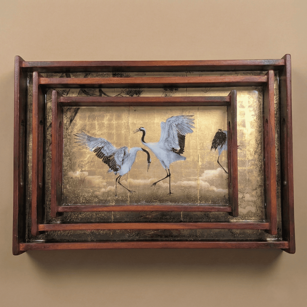 Teakwood serving tray Majestic Heron set of 3 with elegant crane designs for stylish serving and decor