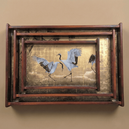 Teakwood serving tray Majestic Heron set of 3 with elegant crane designs for stylish serving and decor