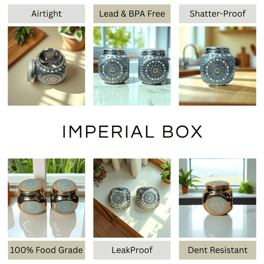 Antique Imperial Box Stainless Steel Jar by Mirror with airtight leakproof food grade design