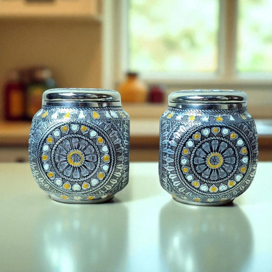 Antique Imperial Box Stainless Steel Jar by Mirror with intricate floral and geometric designs in silver and gold accents