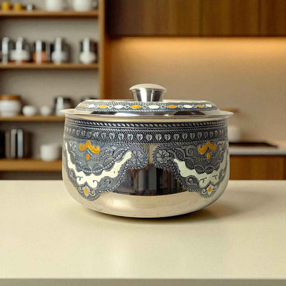 Antique Stainless Steel Casserole 1.6 litre by Mirror with decorative patterned design and lid