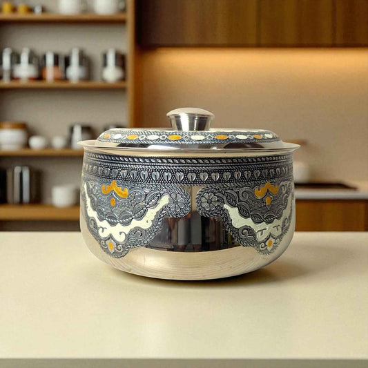 Antique Stainless Steel Casserole 1.6 litre by Mirror with decorative patterned design and lid