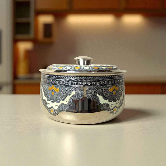Mirror Antique Stainless Steel Casserole 2.2 litre with intricate black and yellow decorative patterns