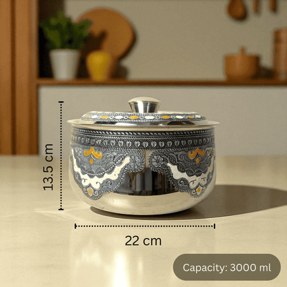 Antique Stainless Steel Casserole 3 litre with decorative black and yellow patterns and lid