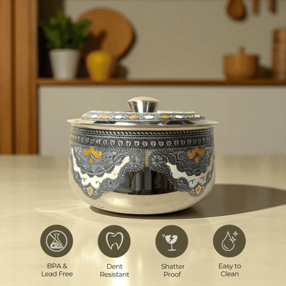 Mirror Antique Stainless Steel Casserole with decorative black and gold pattern, dent resistant and easy to clean