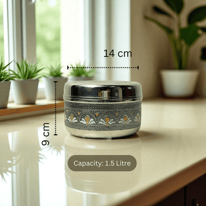 Mirror Antique Stainless Steel Half Dabba 1.5L with intricate traditional design and 1.5 liter capacity
