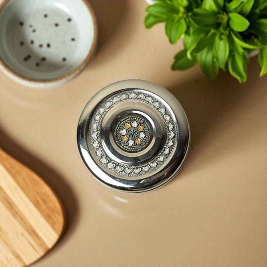 Mirror Antique Stainless Steel Half Dabba 1.5L with decorative floral engraving on lid