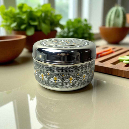 Mirror Antique Stainless Steel Half Dabba 2 litre with intricate decorative patterns on lid and body