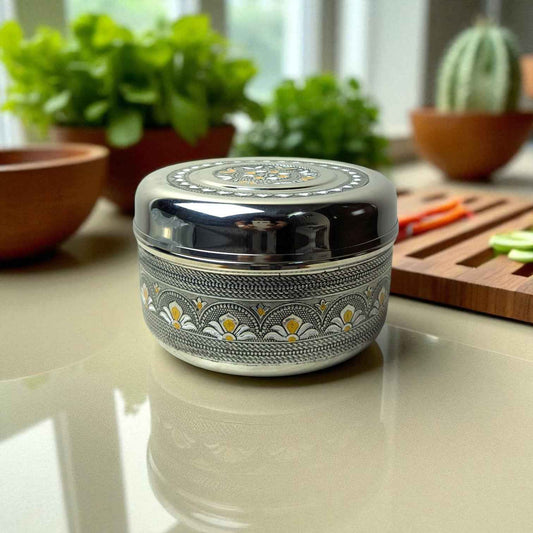 Mirror Antique Stainless Steel Half Dabba 2 litre with intricate decorative patterns on lid and body