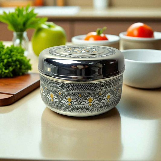 Antique Stainless Steel Half Dabba 2.5 litre with intricate floral design by Mirror on kitchen counter