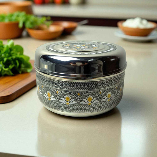 Antique Stainless Steel Half Dabba 3 litre by Mirror with intricate floral design and polished finish