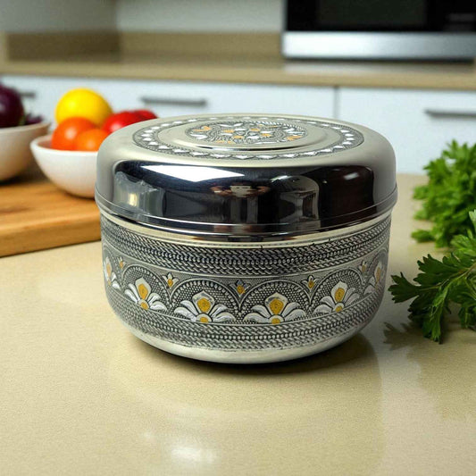 Antique Stainless Steel Half Dabba 4 litre with intricate floral design and polished finish