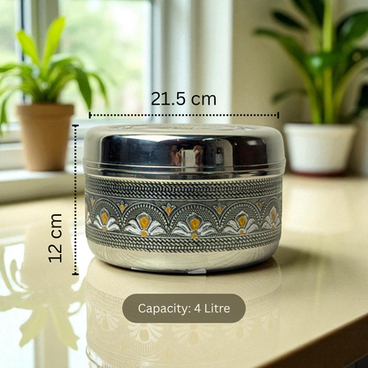 Mirror Antique Stainless Steel Half Dabba 4 litre with intricate floral design and 4 litre capacity