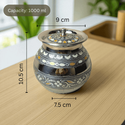 Antique Stainless Steel Lota by Mirror with 1000 ml capacity and intricate decorative design